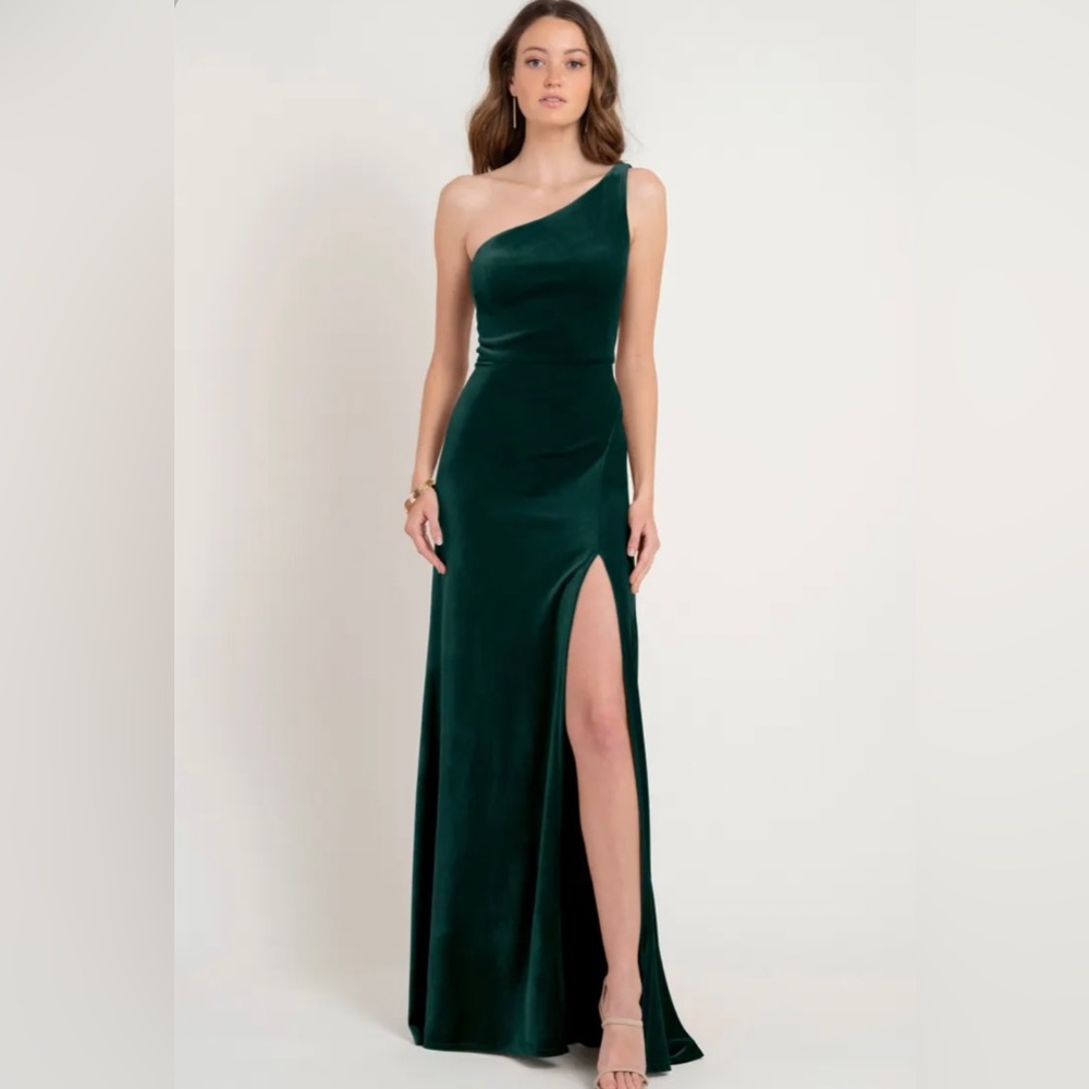Jenny Yoo Collection Cybill Emerald Green Velvet One Shoulder Maxi Dress, Size 6